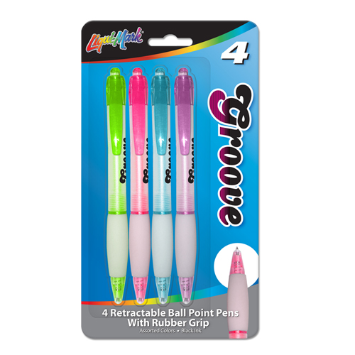 4 ct Groove - Retractable Ball Point Pens w/ Rubber Grip