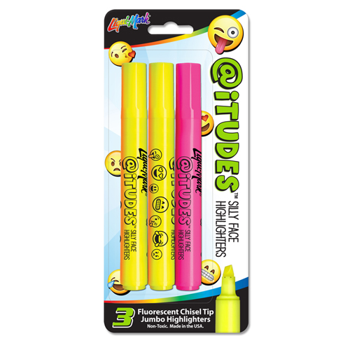 3 ct @iTUDES™ Emoji Silly Face Broadline Fluorescent Highlighters - 2 Yellow, 1 Pink